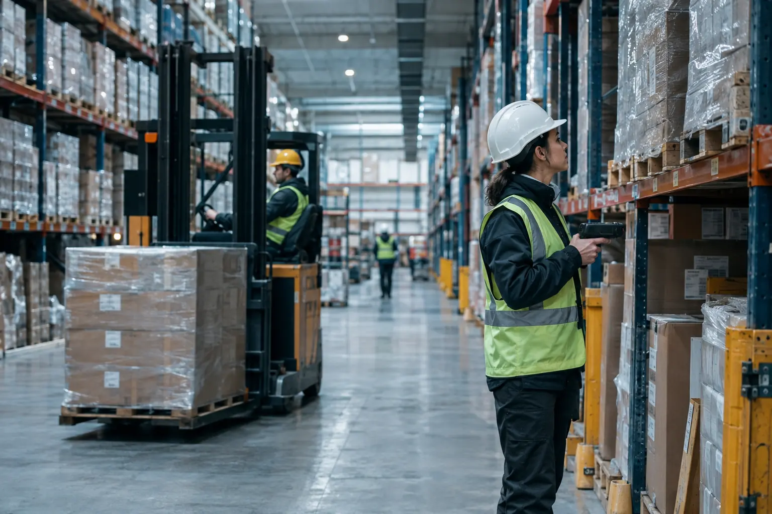 Warehouse worker in a high-visibility vest beside a forklift and racks